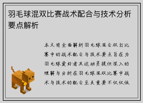 羽毛球混双比赛战术配合与技术分析要点解析