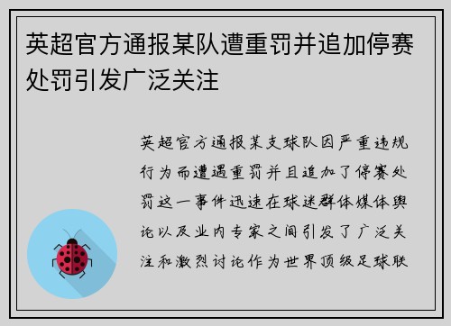 英超官方通报某队遭重罚并追加停赛处罚引发广泛关注
